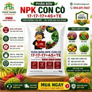 Phân NPK Con Cò 17-17-17+4S+TE cung cấp dinh dưỡng cân đối giúp cây phát triển rễ – thân – lá, xanh khỏe, hạn chế vàng lá, tăng năng suất và chất lượng nông sản.