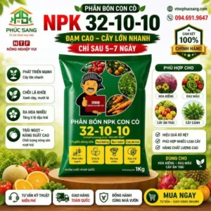 Phân NPK Con Cò 32-10-10 giúp cây xanh lá nhanh, phát triển mạnh thân cành, phục hồi cây suy yếu hiệu quả.